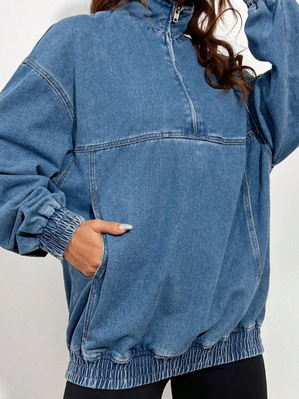 Woman’s Half Zip Elasticized Hem Denim Jacket in various - Picture 5 of 5